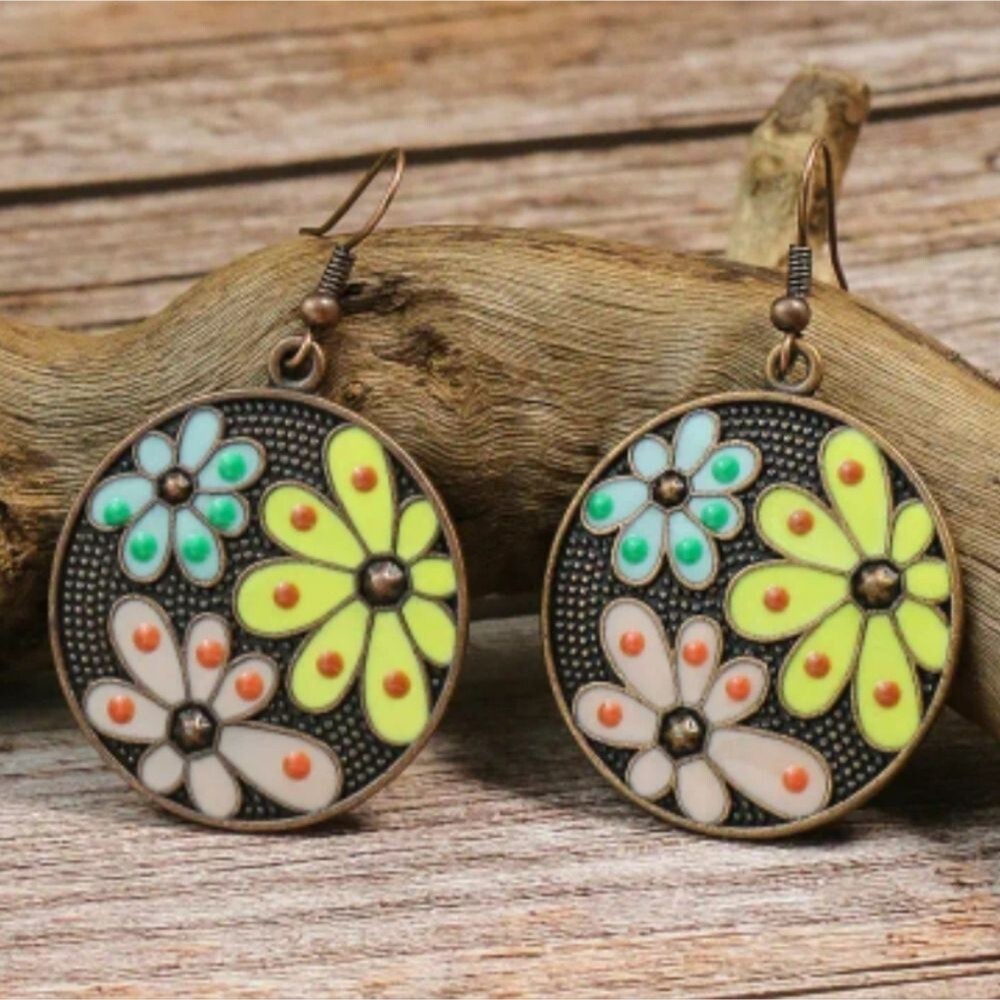 Flower earrings copper floral Hippie chic design jewelry